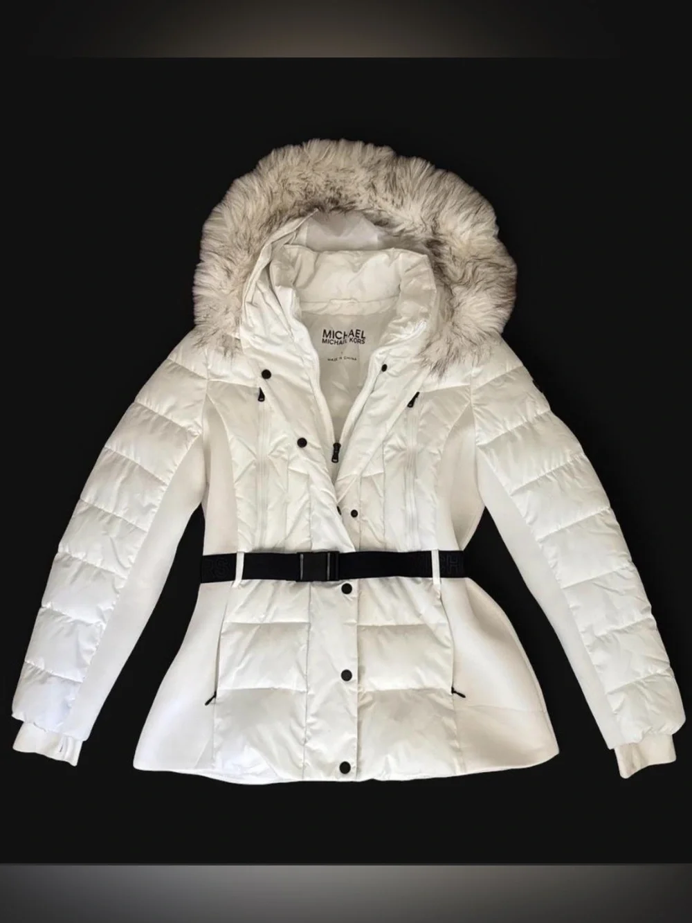 MICHAEL Michael Kors White Belted Puffer Coat Faux Fur Hood Women’s Large